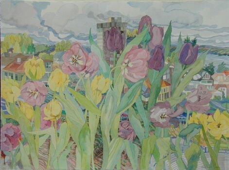 A painting of flowers in a city
AI-generated content may be incorrect.