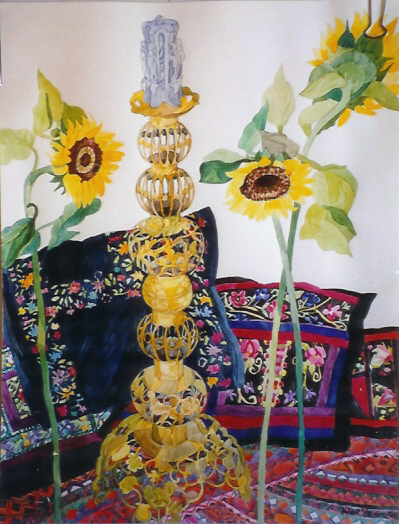 A painting of a candle holder and sunflowers

AI-generated content may be incorrect.