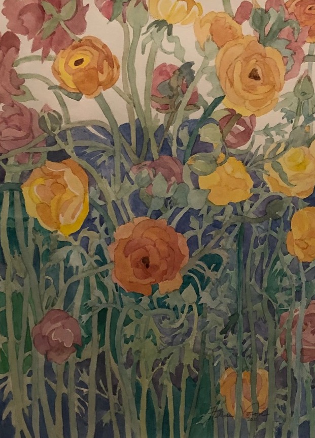 A painting of flowers on a white surface

AI-generated content may be incorrect.